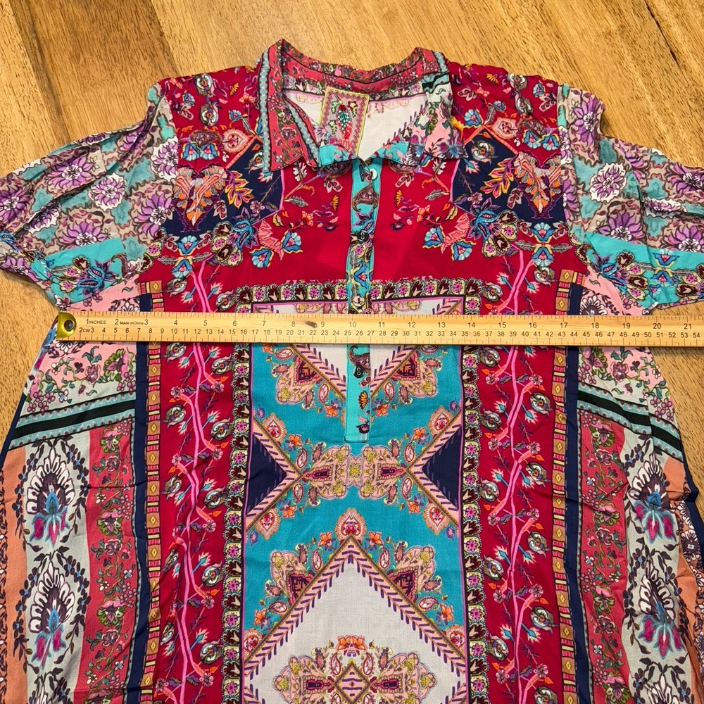 Johnny Was Floral Blouse Meco Scarf Print Tunic Handkerchief Hem Size S Boho NWT - Picture 11 of 16